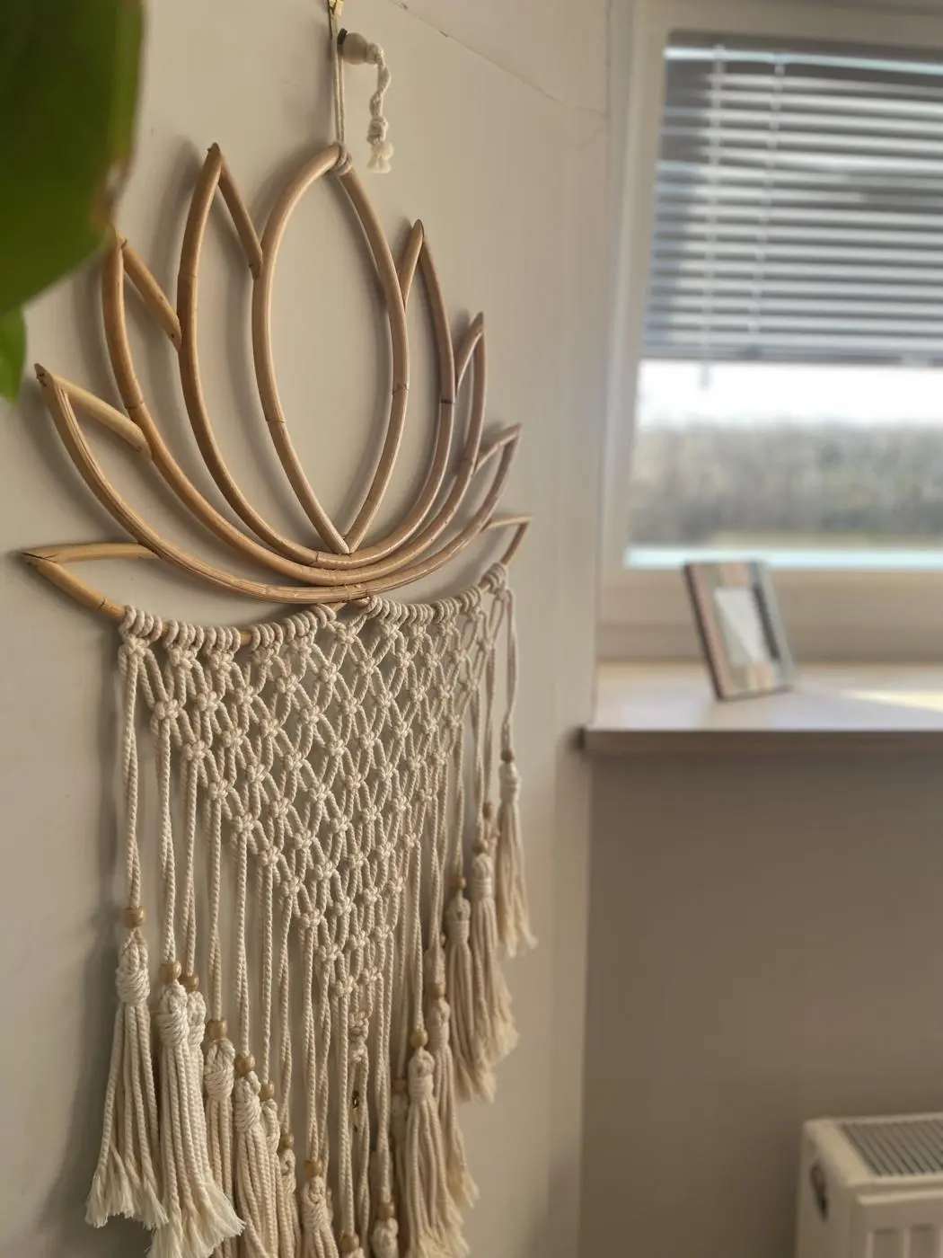 A macramé lotus hanging by the window