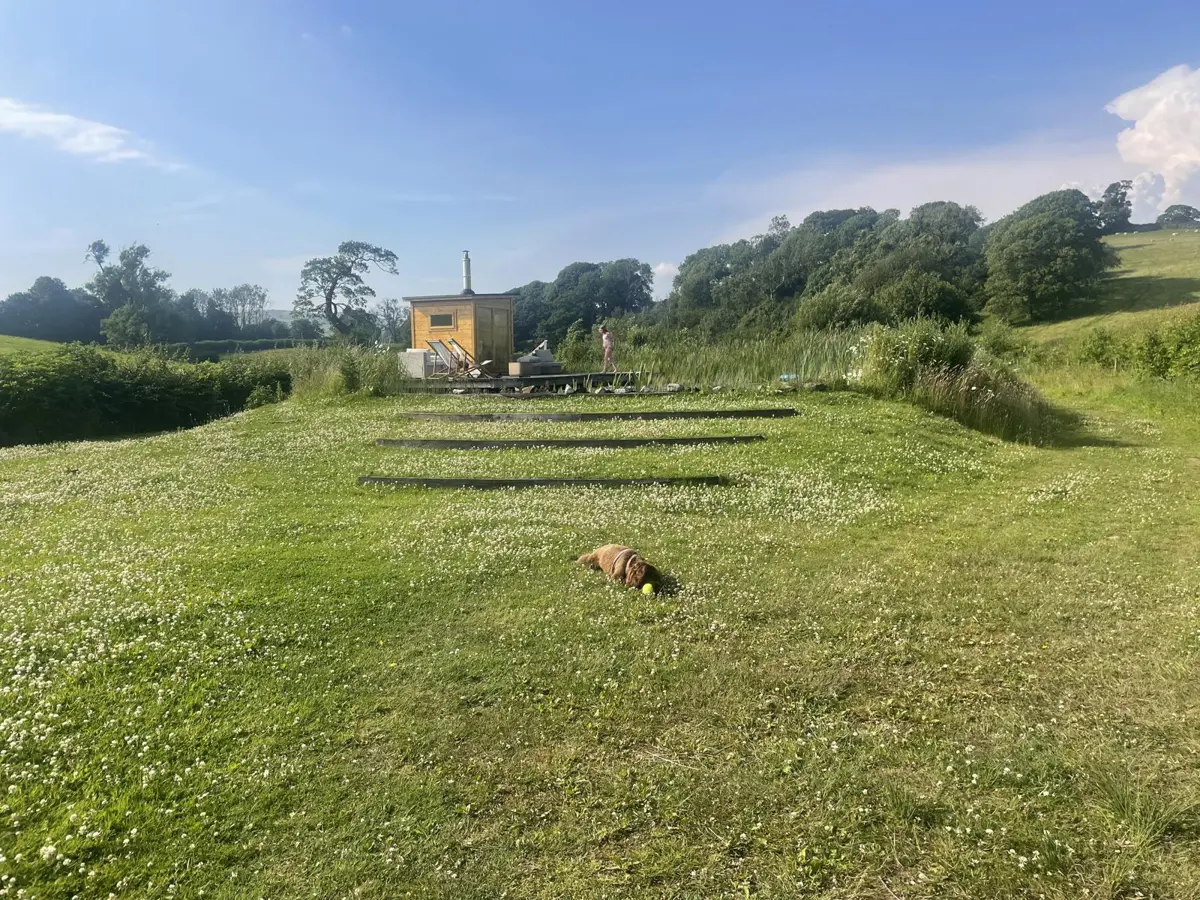 The clover meadow running down to the sauna and pool