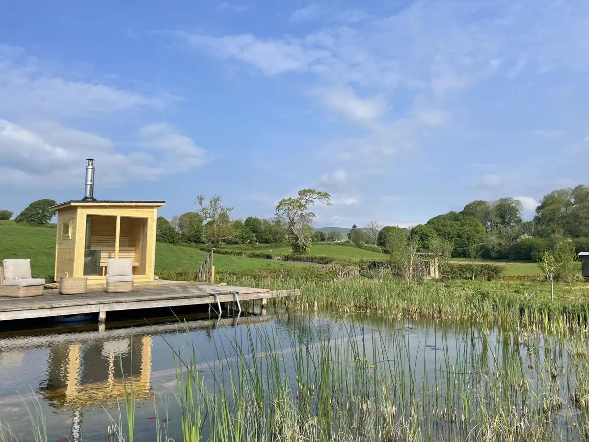 The wood-fired sauna on its deck above the organic pool, reeds in the foreground