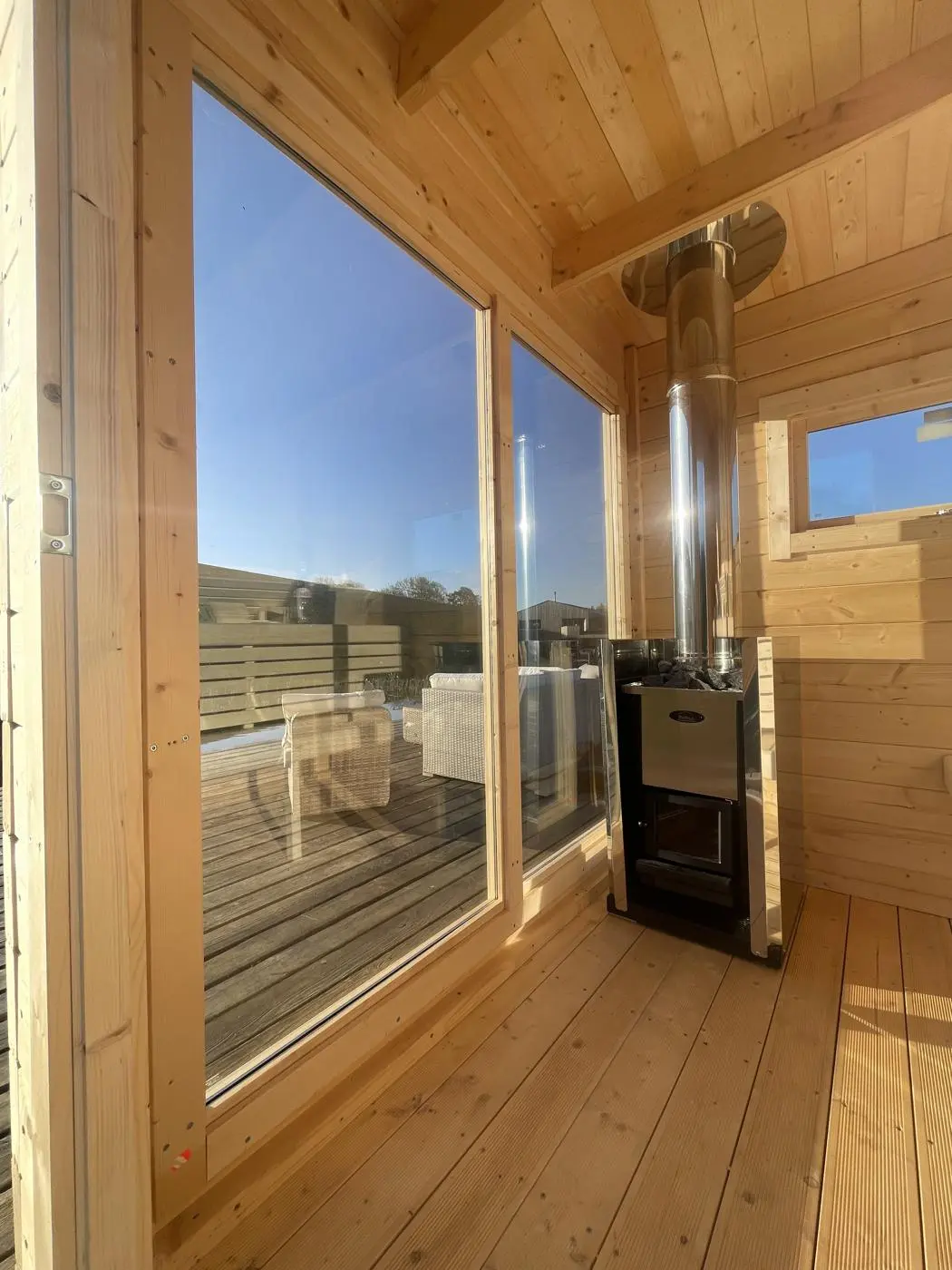 The view from the sauna bench through the big window